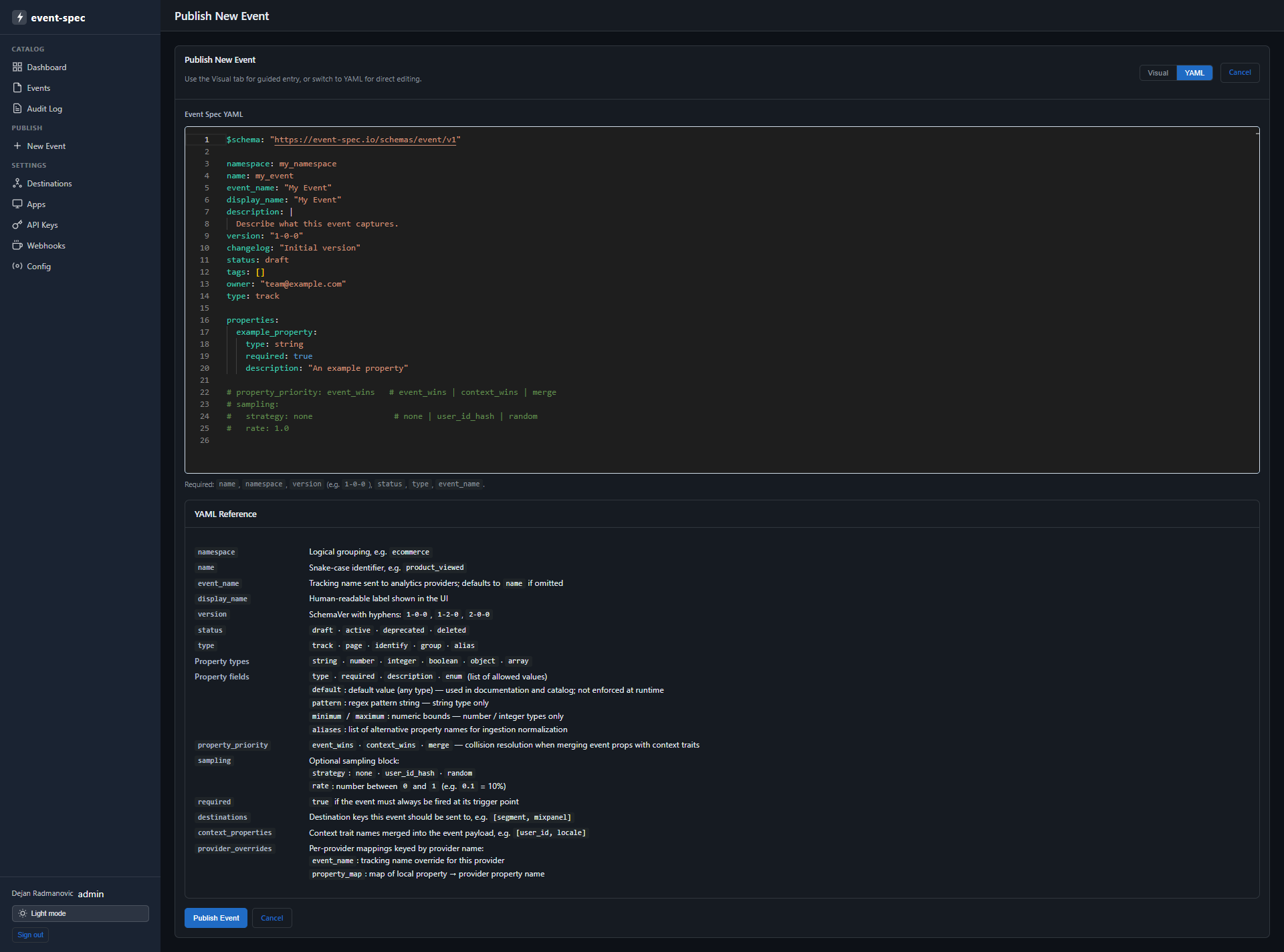 New event YAML editor